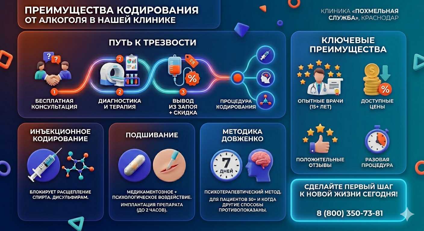 Инфографика о методах кодирования от алкоголя в Навашино: инъекции, подшивание, метод Довженко. Преимущества клиники и этапы лечения.